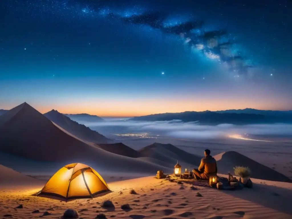 Un paisaje desértico al anochecer con una tribu nómada bajo un cielo estrellado, destacando la influencia de la astronomía en la cultura nómada