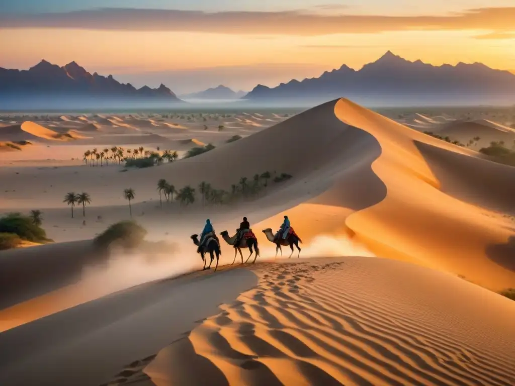 Paisaje desértico con tribus nómadas en alianza, oasis y camellos