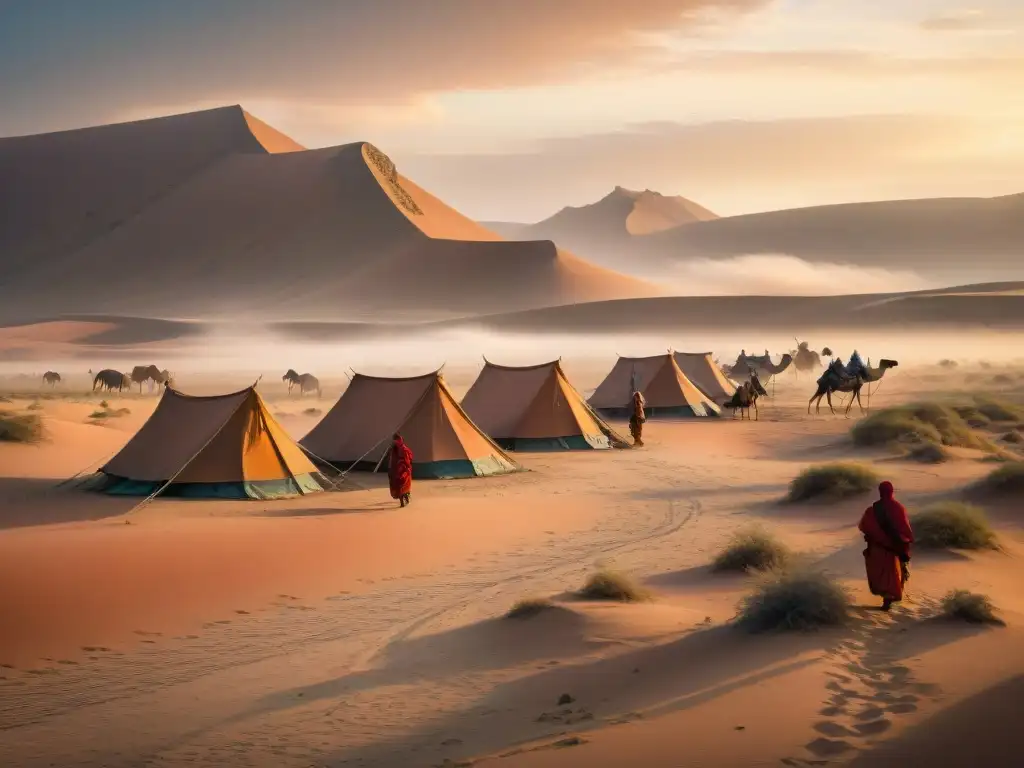 Un paisaje desértico con tribus nómadas instalando campamentos, bajo una tormenta de polvo