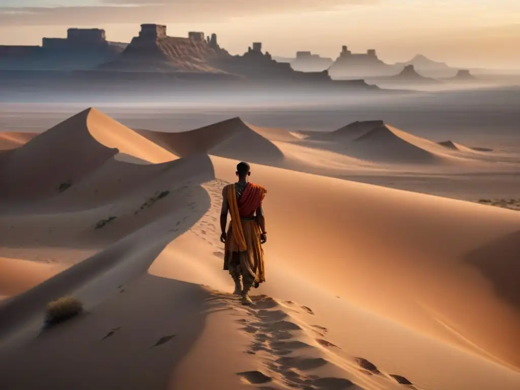 Un paisaje desértico vasto y árido con ruinas de tribus nómadas y un sol poniente