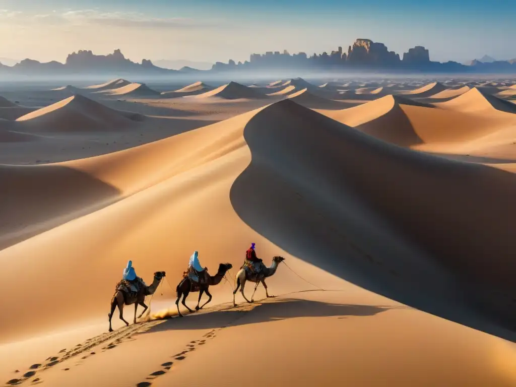 Un paisaje desértico vasto y árido con tribu nómada en camellos, reflejando la historia y el impacto de los asentamientos nómadas