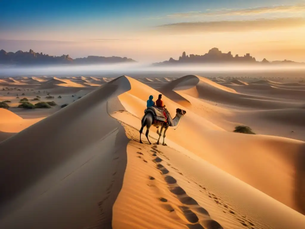 Un paisaje desértico vasto con tribus nómadas en camellos, vistiendo atuendos tradicionales coloridos, bajo un cielo azul brillante