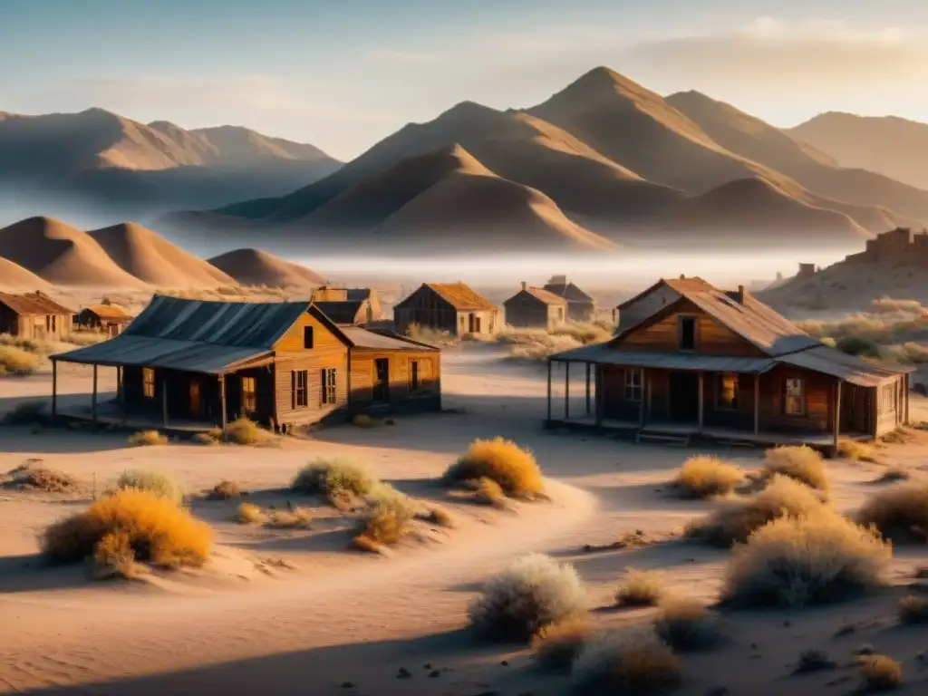 'Paisaje desolado de una ciudad fantasma en el desierto al atardecer