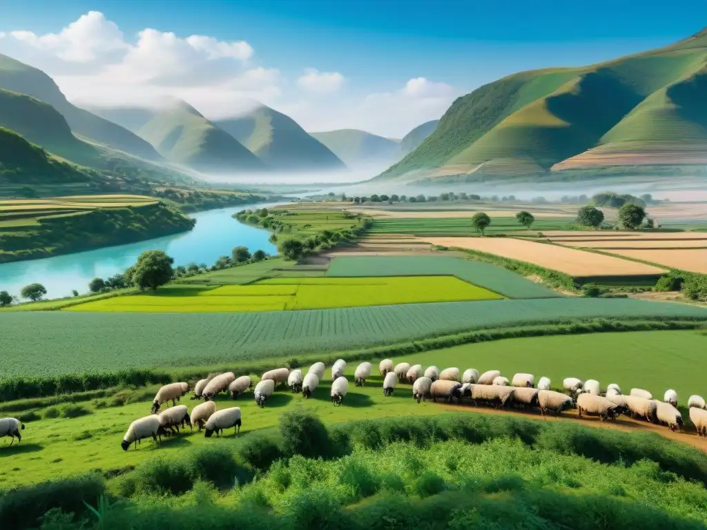 Un paisaje detallado muestra la vida nómada de pastores y la agricultura sedentaria, reflejando la historia ambiental