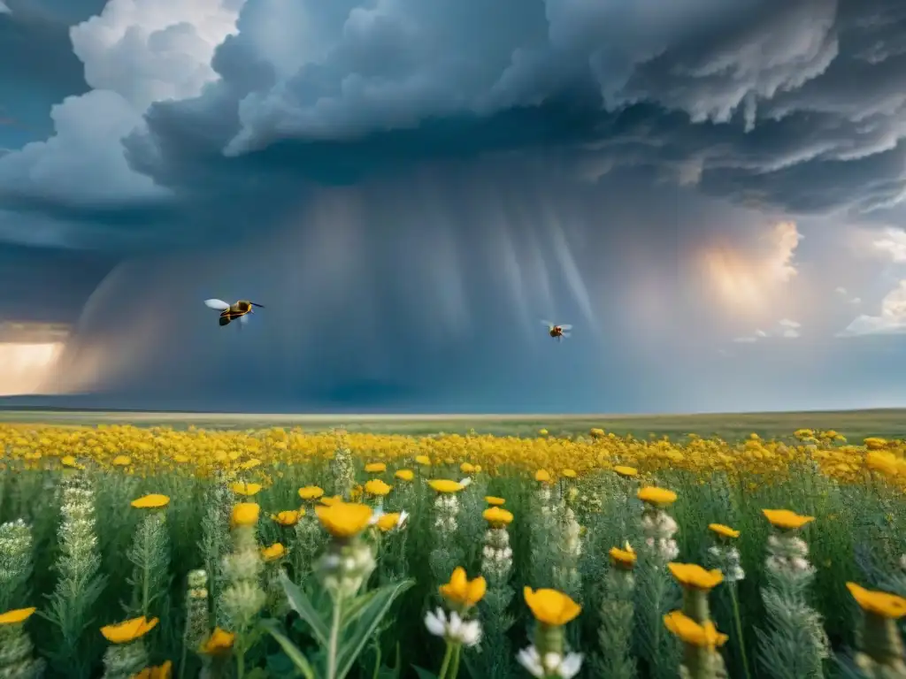 Un paisaje dorado en la estepa con una abeja detallada en primer plano, reflejando la disminución abejas estepas impacto