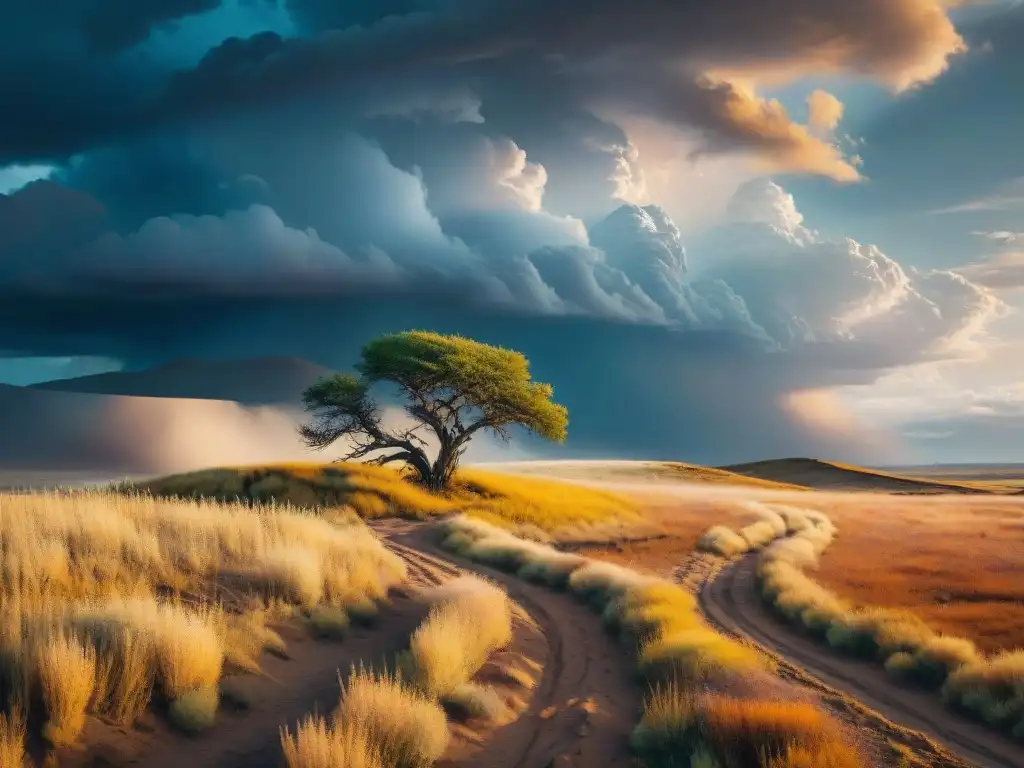 Un paisaje dorado de estepa con un árbol solitario retando al clima