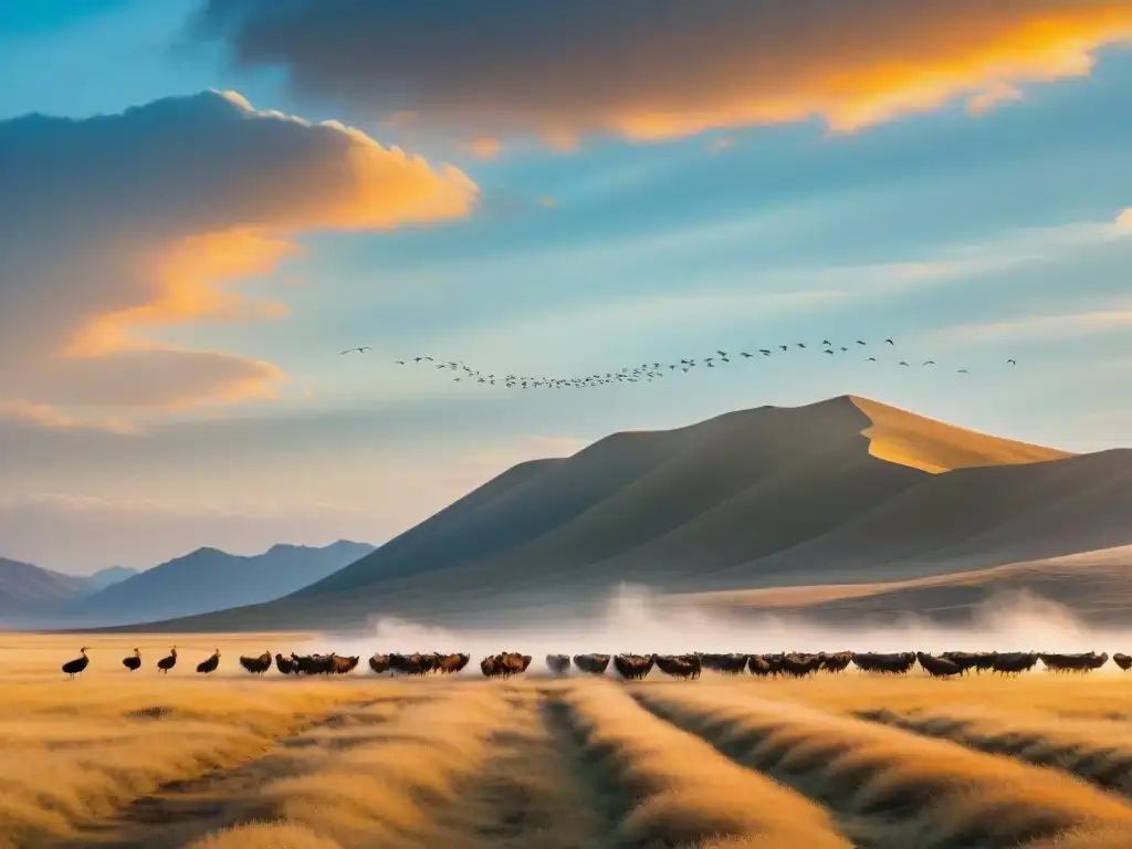 Un paisaje dorado de estepa con aves nómadas migratorias en vuelo