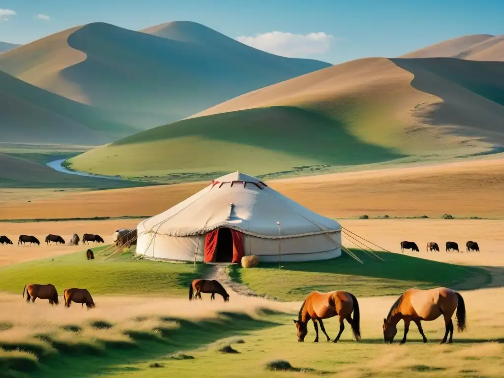 Un paisaje dorado de estepa con yurta y caballos, evocando la conservación de la cultura nómada