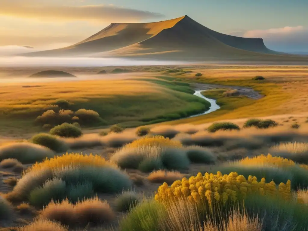 Ilustración detallada: Invasoras en la estepa dorada Un paisaje dorado de estepa con especies exóticas invasoras integradas sutilmente