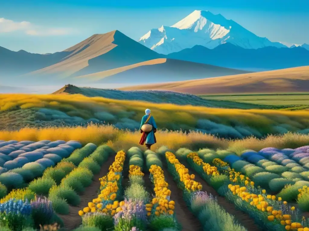 Sendero dorado: figura solitaria en la estepa con frutas y flores Un paisaje dorado de estepas con una figura solitaria llevando frutas y verduras coloridas