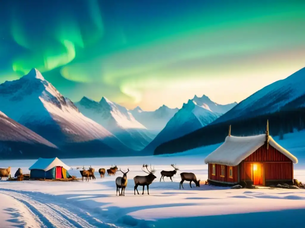 Paisaje espiritual de la cultura nómada siberiana con renos pastando en la nieve bajo la aurora boreal