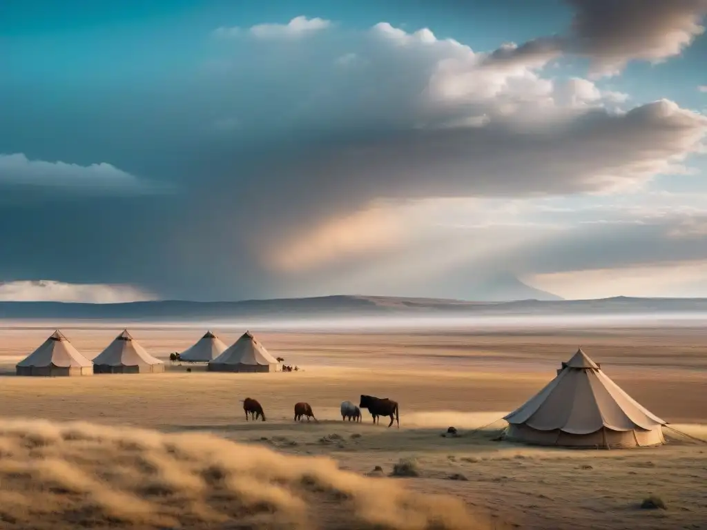 Un paisaje estepario árido con tribu nómada en simbiosis con la naturaleza bajo un cielo nublado