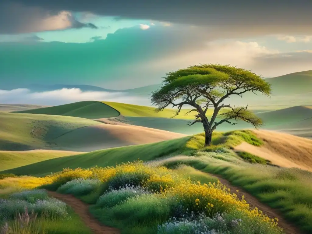 Un paisaje estepario vasto y dramático con colinas, flores silvestres y un árbol solitario, mostrando la recuperación de tierras degradadas