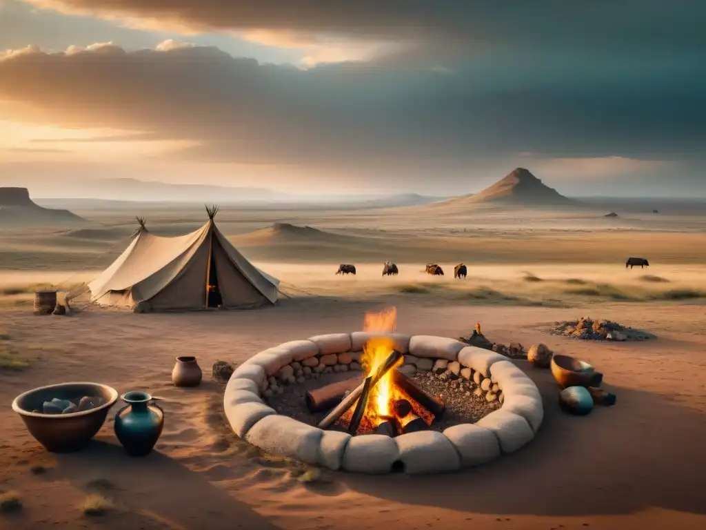 Campamento nómada en la estepa: misterio y historia antigua Un paisaje de estepas vastas y tribu nómada, con artefactos antiguos enterrados, bajo un cielo nublado
