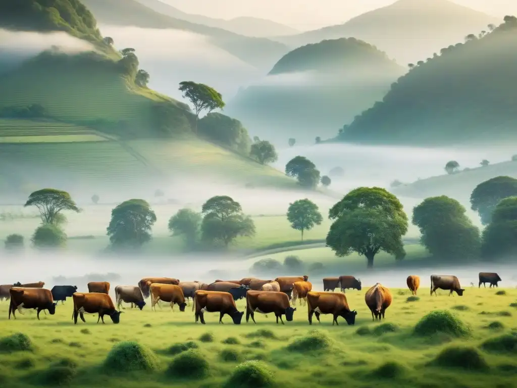 Un paisaje exuberante con vida silvestre y ganado pastando en armonía, destacando los corredores de biodiversidad y el pastoreo consciente