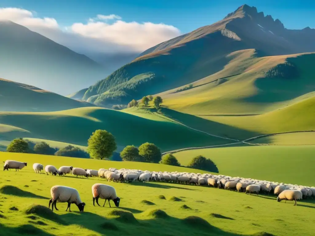 Paisaje pastoral: rebaño de ovejas bajo el sol Un paisaje idílico de pastizales verdes, ovejas pastando bajo un cielo azul y montañas majestuosas