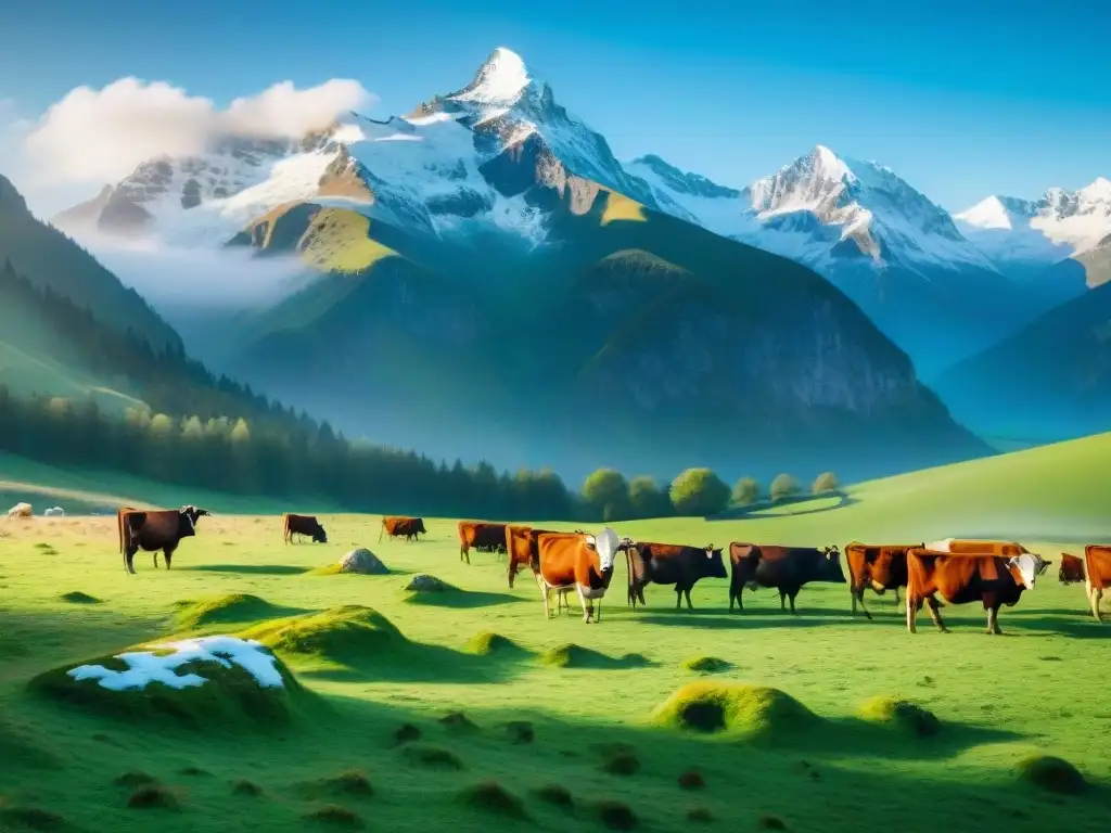 Prado verde y pacíficas vacas bajo el cielo azul Un paisaje idílico de pastoreo con vacas felices bajo el sol, rodeadas de montañas nevadas