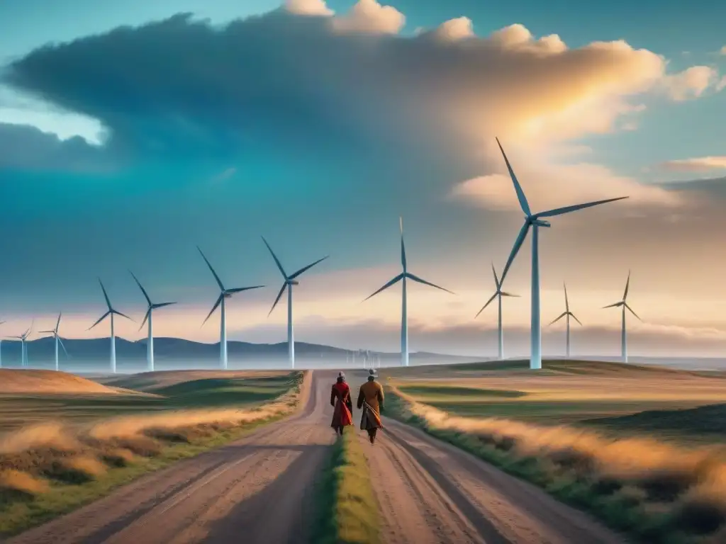 Un paisaje impresionante de estepa con tribus nómadas contemplando modernos aerogeneradores, simbolizando la energía eólica