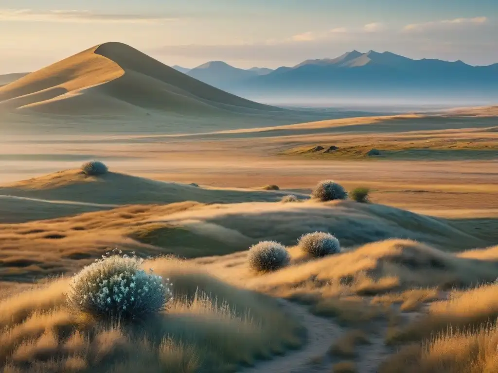 Stepa dorada invadida: belleza y amenaza Un paisaje infinito de estepa serena con especies invasoras, resalta su impacto