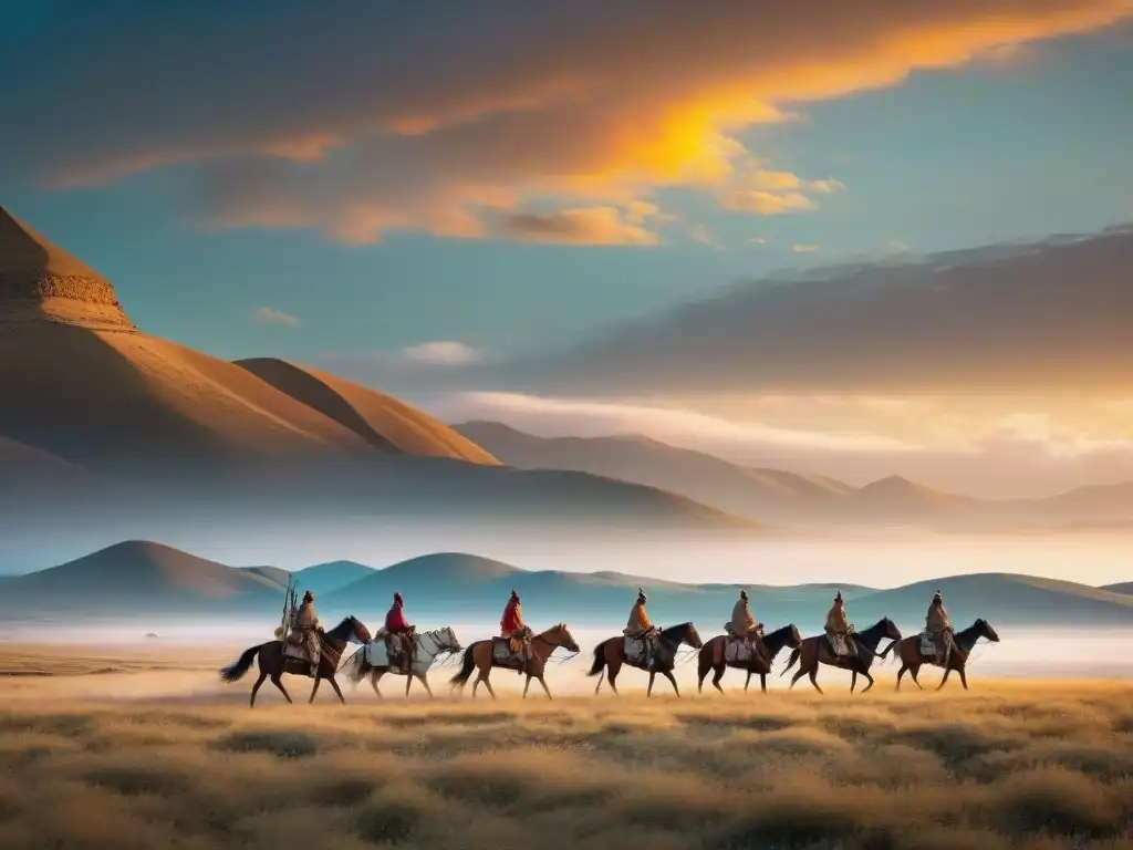 Paisaje mágico de estepas con tribus nómadas y yurtas al atardecer, evocando la mitología de estas culturas ancestrales