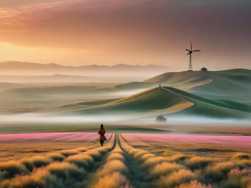 Paisaje de estepa con molino de viento en atardecer dorado, reflejando armonía entre naturaleza y presencia humana