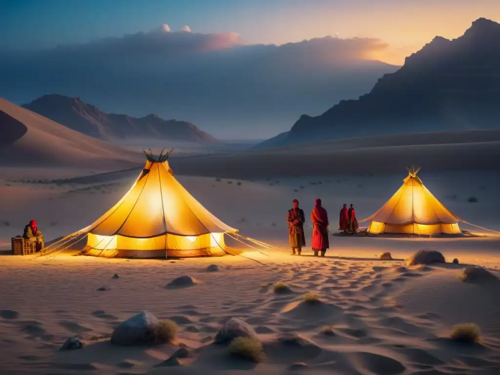 Un paisaje nocturno de vida nómada sostenible en el desierto, destacando el impacto ecológico positivo