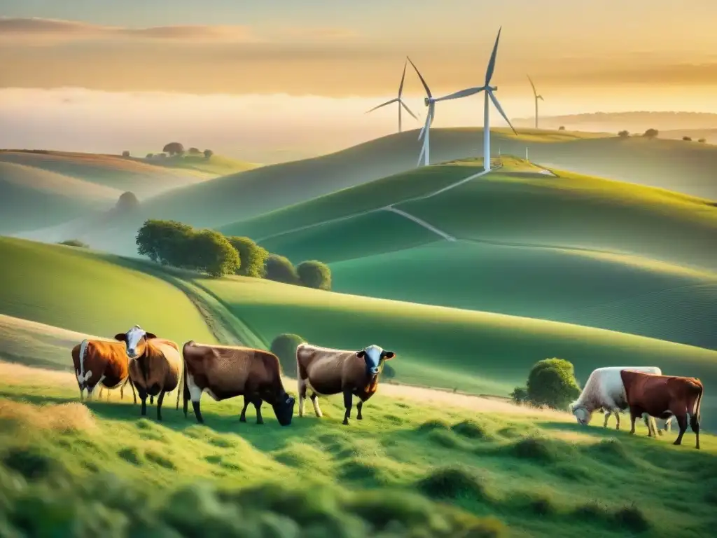 Paisaje pastoral con animales variados y energía renovable Un paisaje pastoral con animales diversos pastando juntos en un prado verde, con un molino de viento moderno al fondo