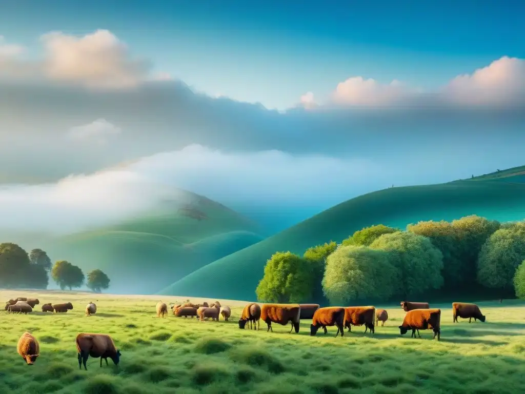 Pastoreo sostenible: armonía entre tradición y innovación Paisaje pastoral con animales pastando y pastores innovando en pastoreo sostenible