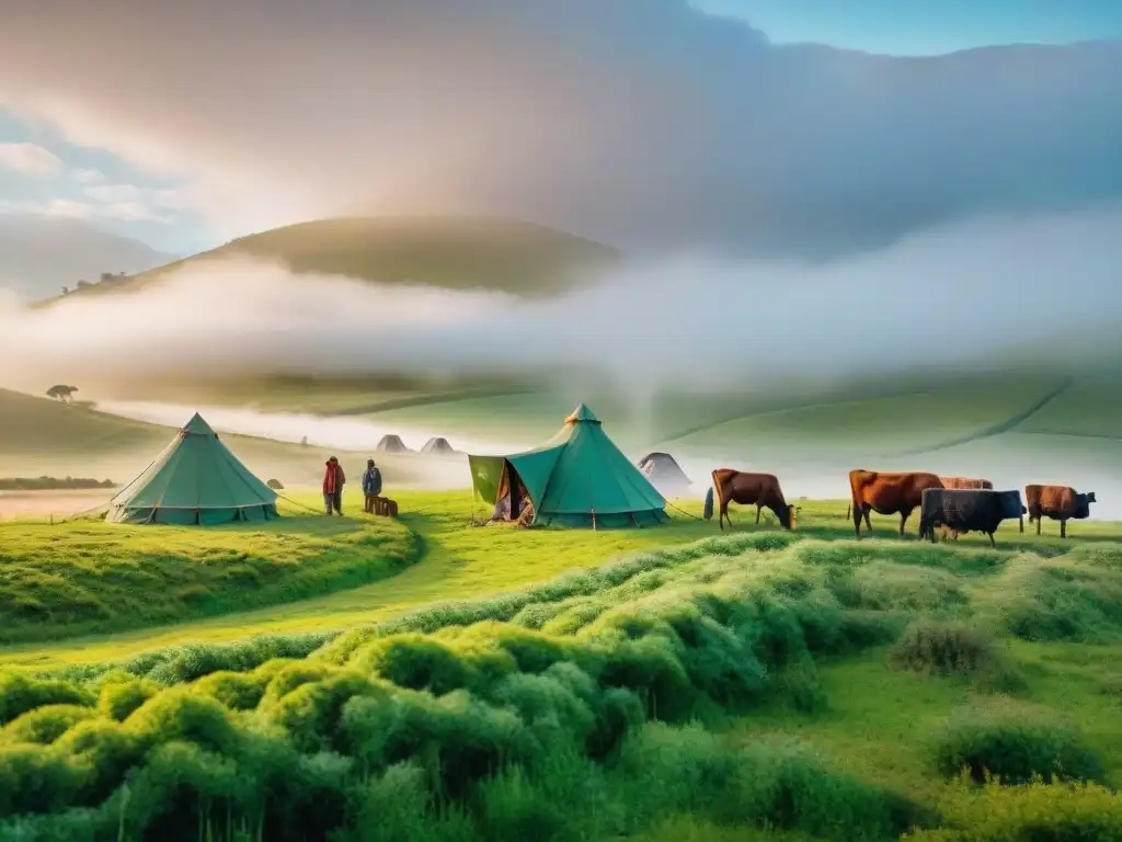 Pastores nómadas modernos en armonía con la naturaleza Un paisaje pastoral con tecnologías en pastoreo para nómadas: pastores felices y ganado sano en praderas verdes