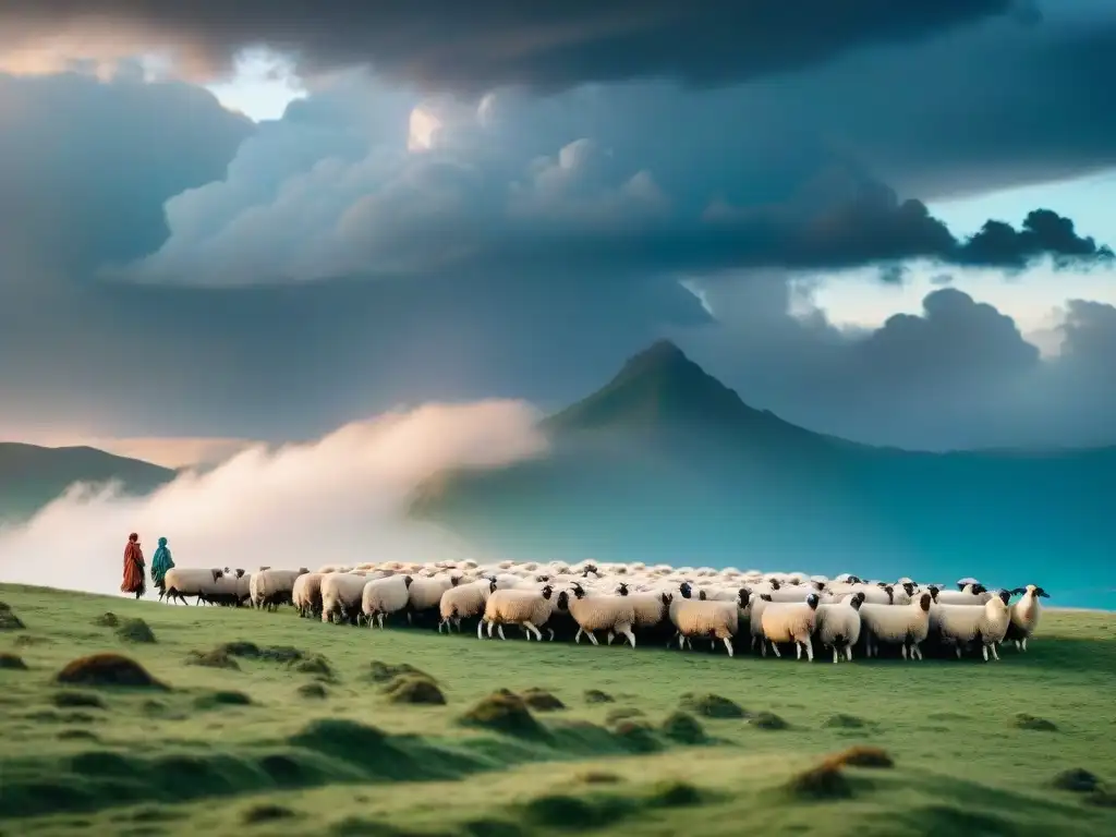 Paisaje de pastoreo nómada en la historia ambiental: herders cuidan sus rebaños bajo el cielo dramático