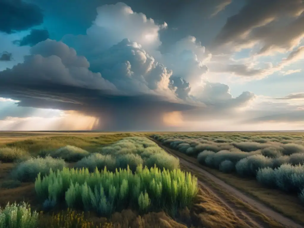 Resiliencia vegetal en la estepa: un futuro sostenible Un paisaje de estepa con plantas resistentes simbolizando la nutrición en estepas climas extremos