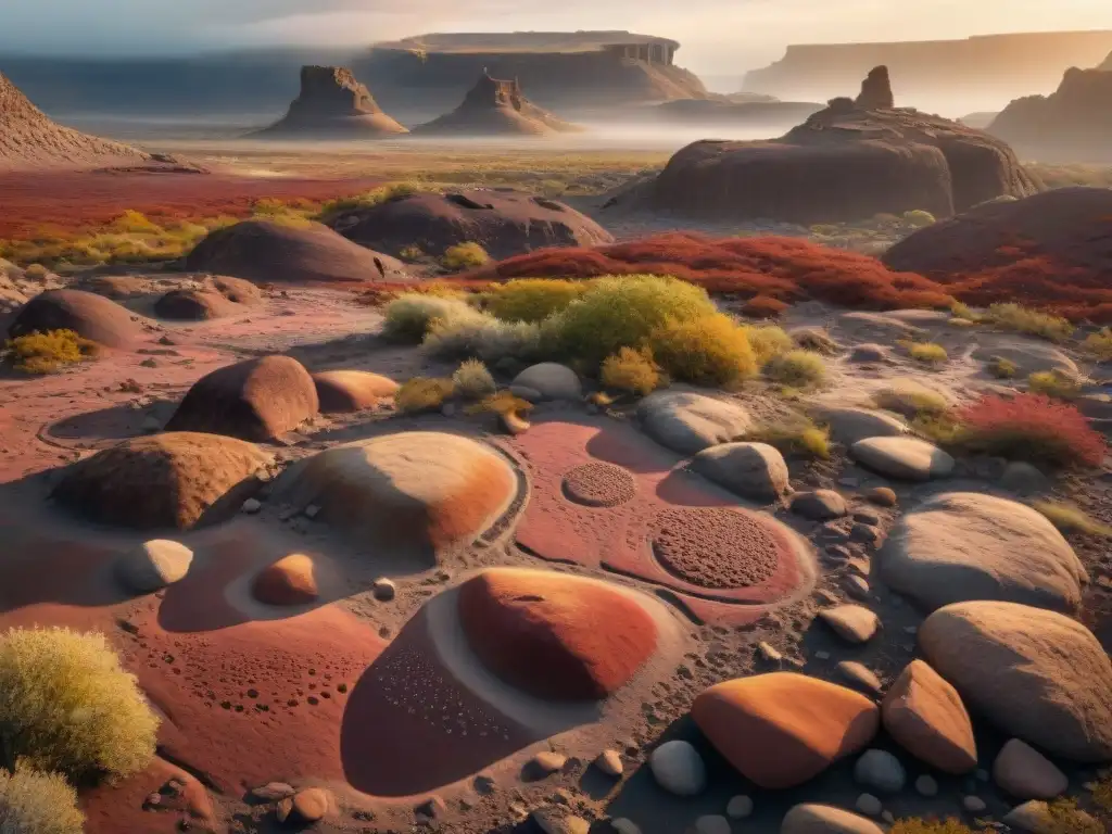 Un paisaje rocoso vasto cubierto de antiguos petroglifos, mostrando escenas de caza y danza en tonos rojizos, ocres y negros