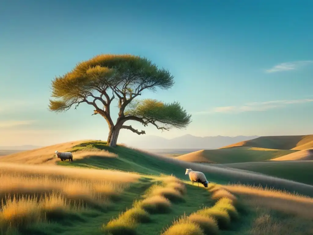 Un paisaje sereno de estepa con un árbol solitario y ovejas pastando, previniendo la erosión del suelo