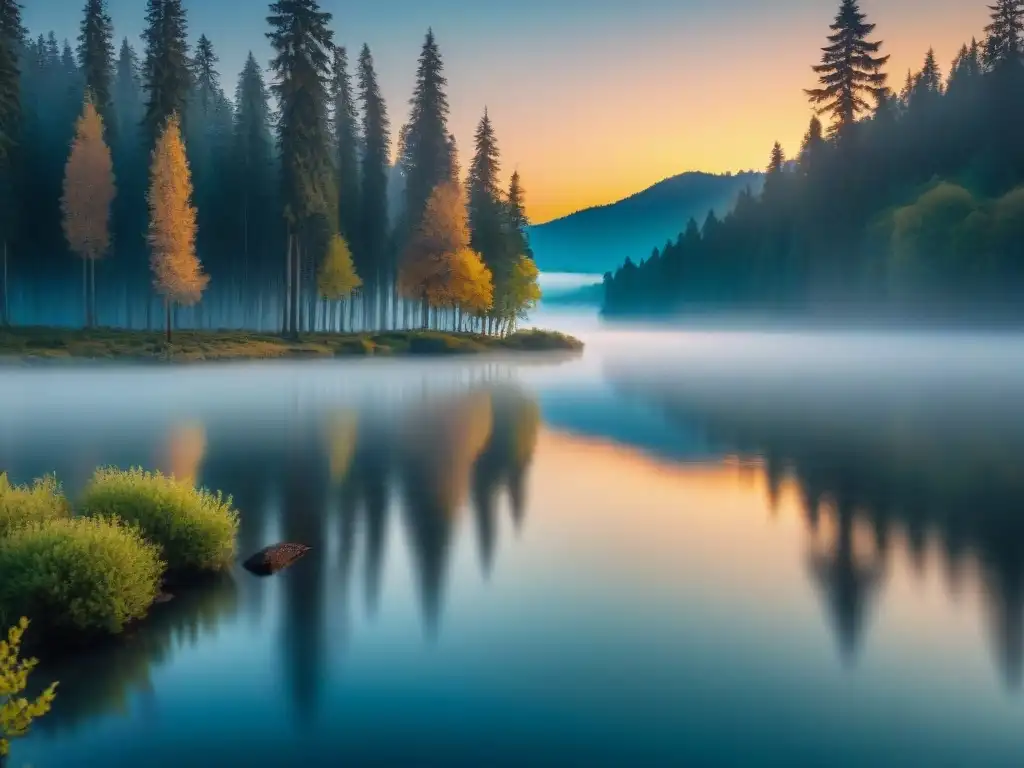 Paisaje sereno al atardecer con lago y árboles siluetados