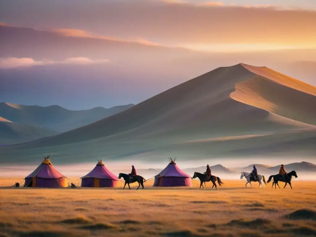 Paisaje sereno de estepa mongola al atardecer con tribu nómada y caballos pastando