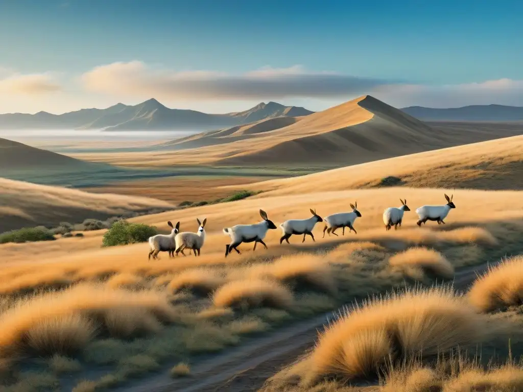 Invasores silenciosos: retrato de la estepa con fauna exótica Un paisaje sereno de estepa con especies exóticas, mostrando el impacto de especies exóticas en la flora nativa