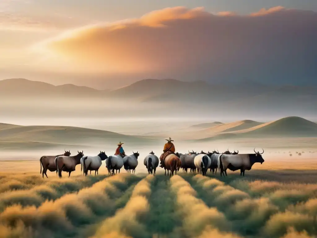 Un paisaje sereno de estepa con tribus nómadas guiando ganado al atardecer dorado