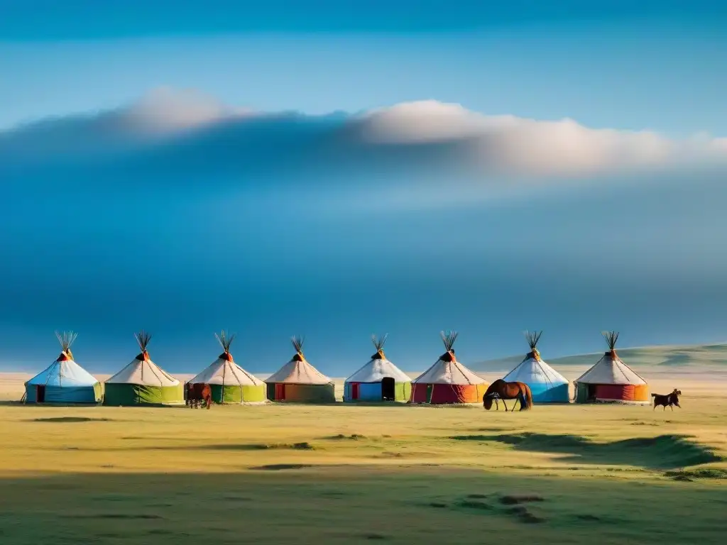 Paisaje de estepa mongola con tribu nómada y caballos pastando