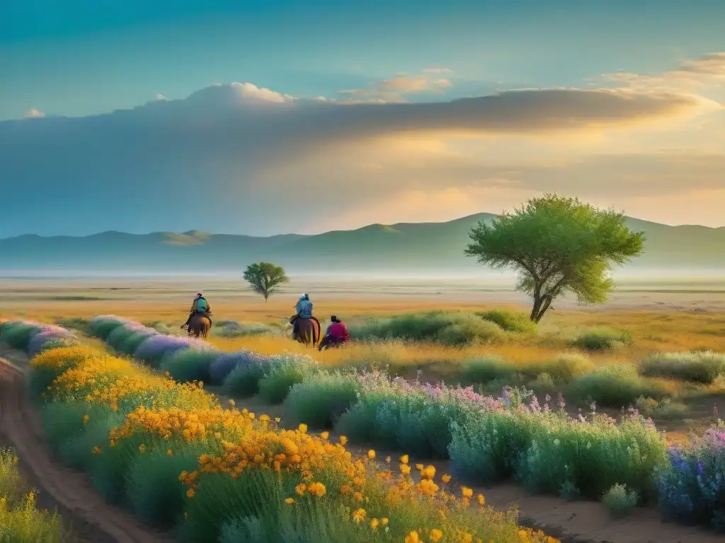 Un paisaje de estepa con flores silvestres y tribus nómadas plantando árboles al atardecer