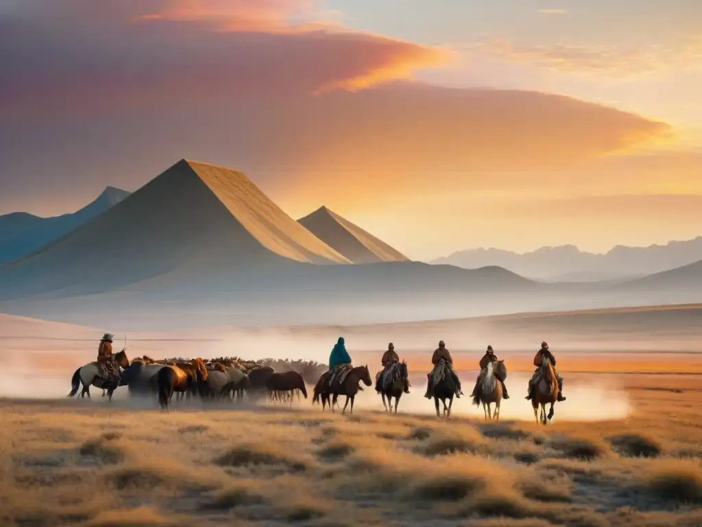 Un paisaje de estepa con tribus nómadas a caballo, impacto ambiental de migraciones en armonía