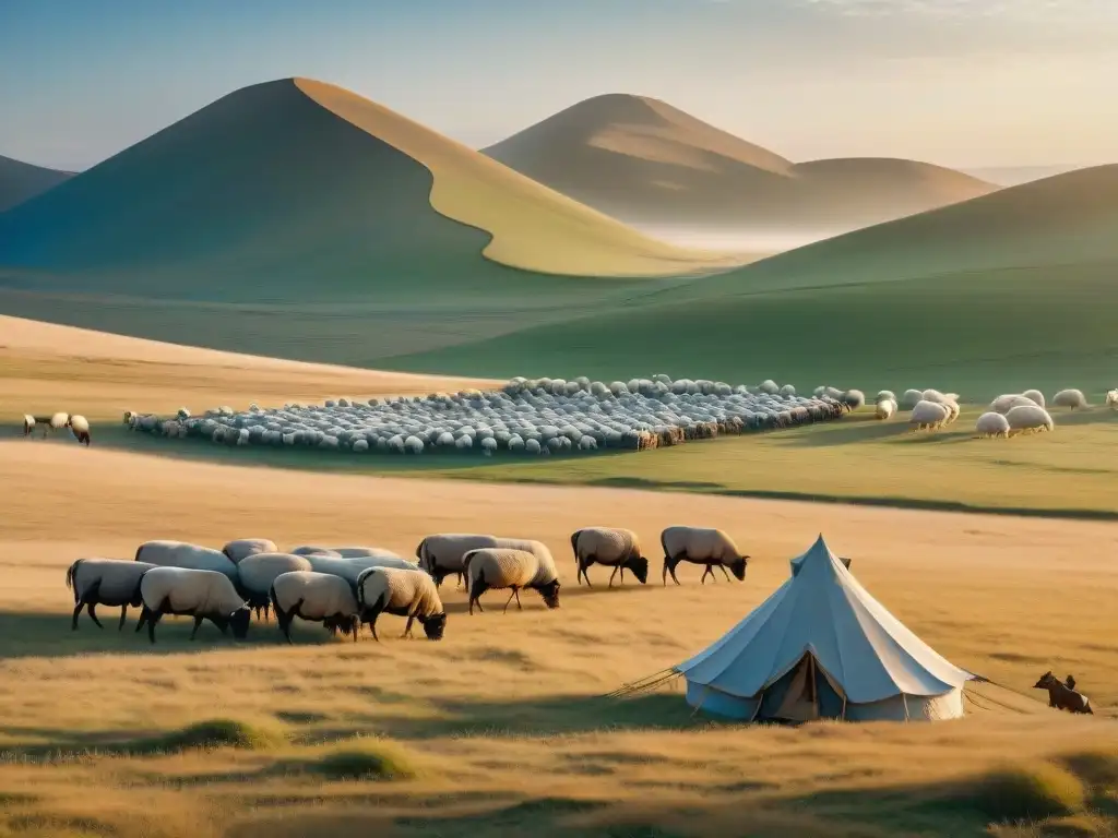 Un paisaje de estepa con tribus nómadas montando tiendas tradicionales bajo el sol dorado