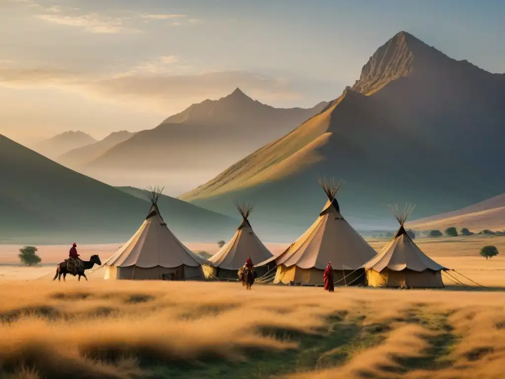 Fotografía de paisajes tribus nómadas viajando al atardecer por llanuras doradas con tiendas tradicionales y montañas al fondo