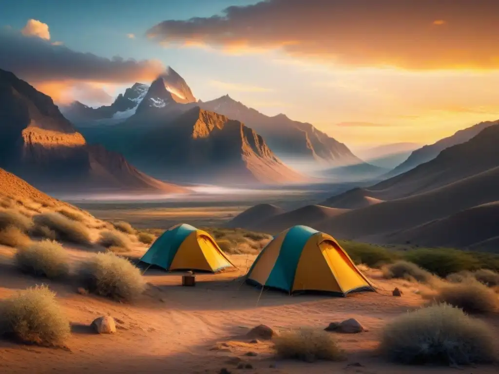 Fotografía de paisajes tribus nómadas montando campamento en desierto al atardecer