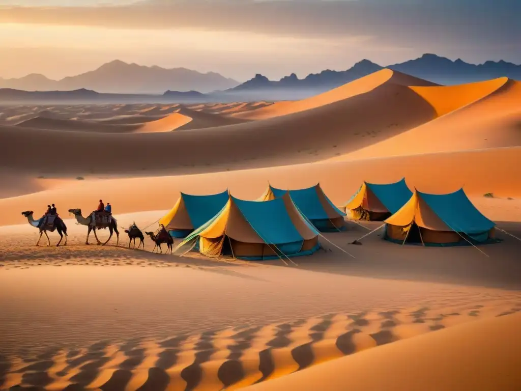 Fotografía de paisajes con tribus nómadas preparando campamento en un desierto al atardecer