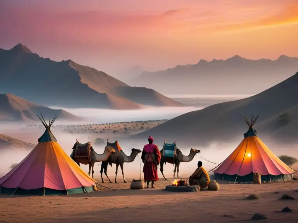 Fotografía paisajes tribus nómadas: Tribu nómada monta campamento al anochecer en paisaje árido, con siluetas y tiendas tradicionales