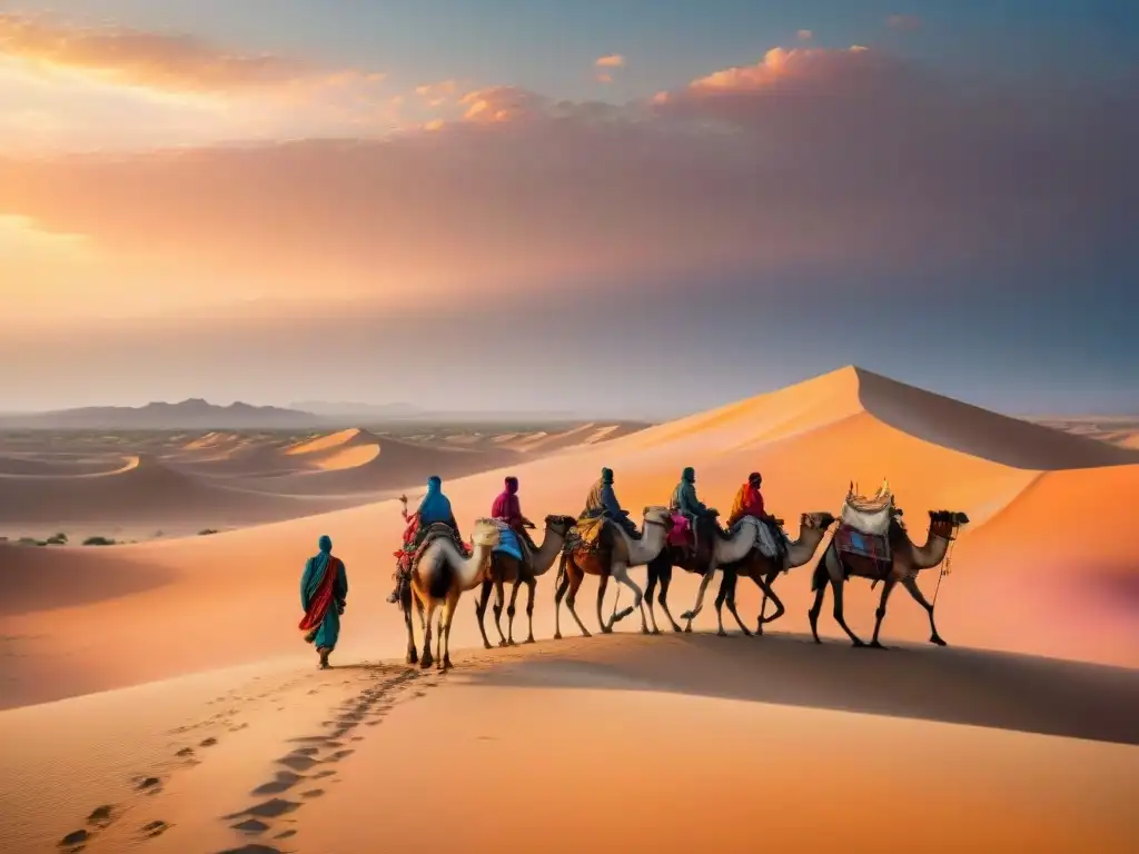 Fotografía de paisajes tribus nómadas cruzando un desierto dorado al atardecer