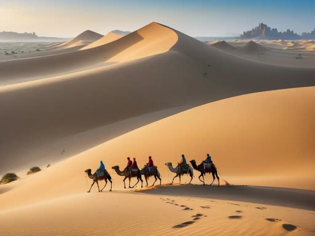 Fotografía de paisajes con tribus nómadas en un desierto dorado, reflejando la vida ancestral y la belleza etérea del lugar