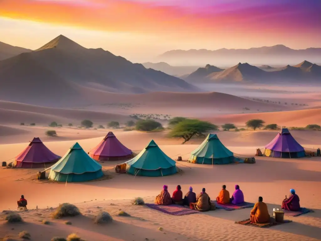 Fotografía de paisajes tribus nómadas: Tribu nómada montando tiendas en desierto dorado al atardecer