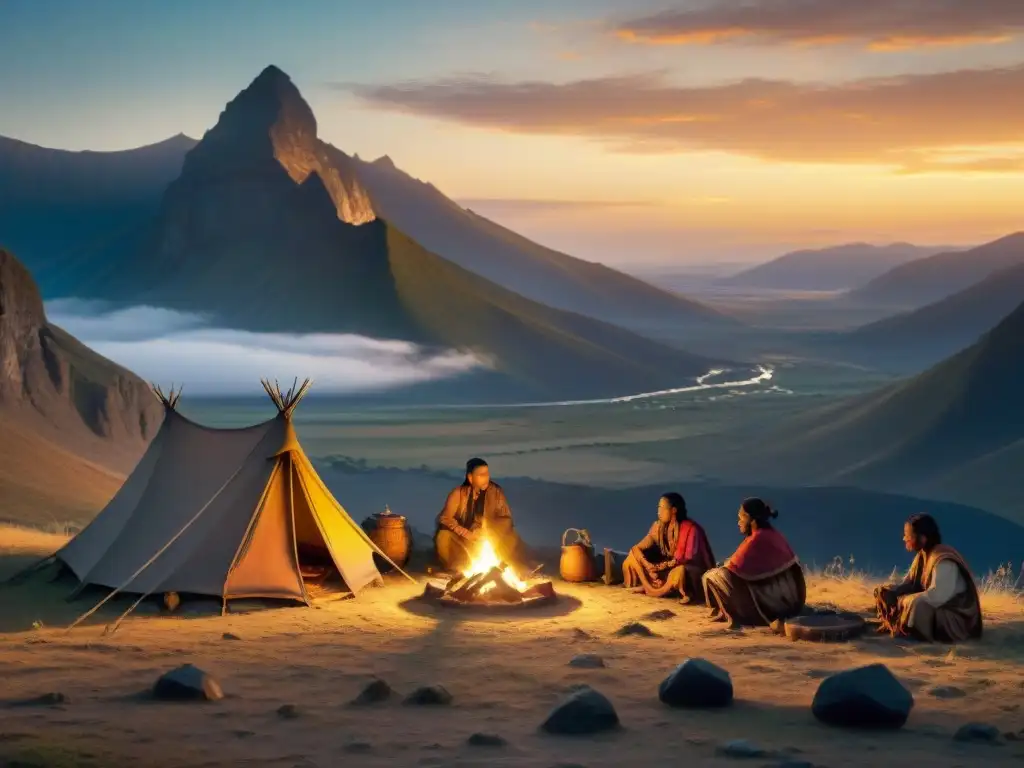 Fotografía de paisajes tribus nómadas: Tribu nómada montando campamento al atardecer en paisaje vasto y virgen