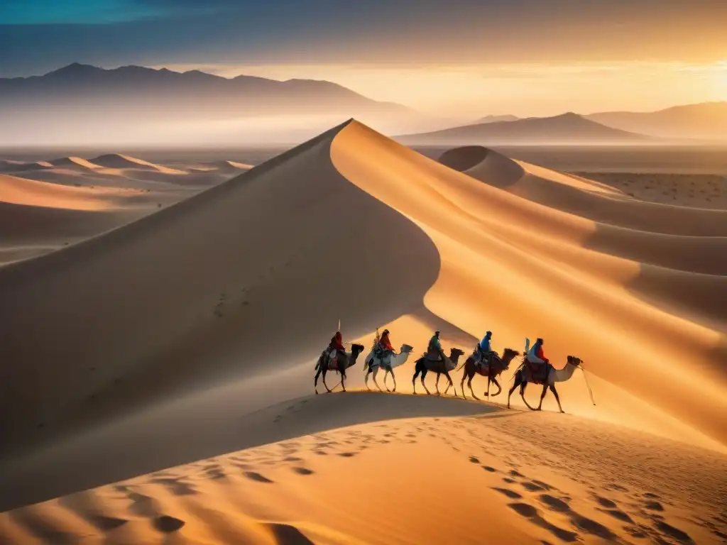 Fotografía de paisajes tribus nómadas: Nomadas en el desierto al atardecer, liderando camellos entre dunas doradas y cielo azul